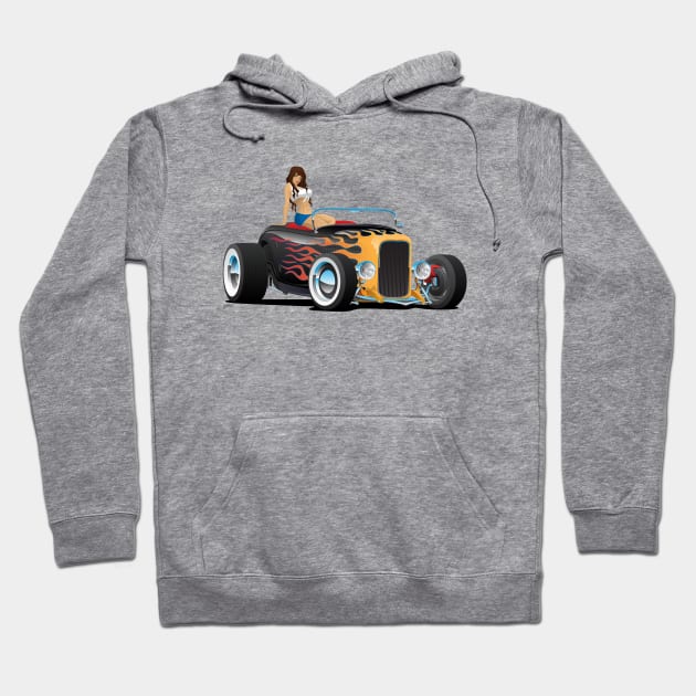 Custom Hot Rod Roadster Car with Flames and Sexy Woman Hoodie by hobrath